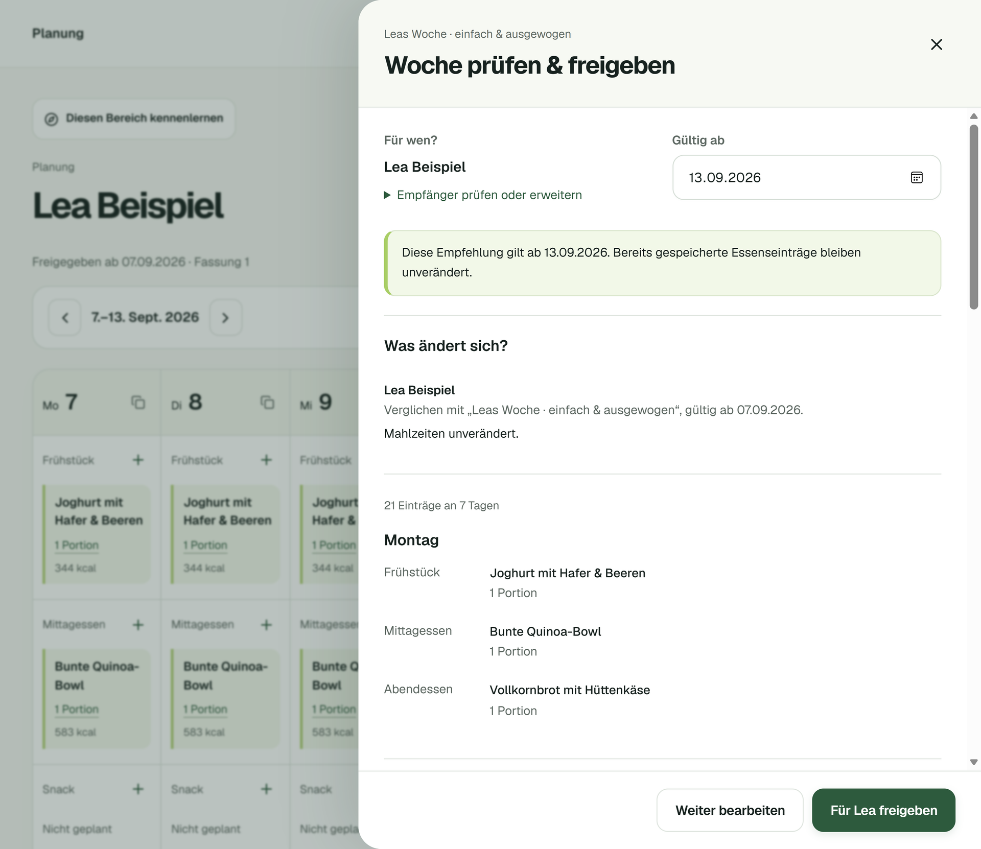 Nuhria: Dialog „Woche prüfen & freigeben“ für Leas Wochenplan, vor der Bestätigung der Freigabe. Fiktive Beispieldaten.